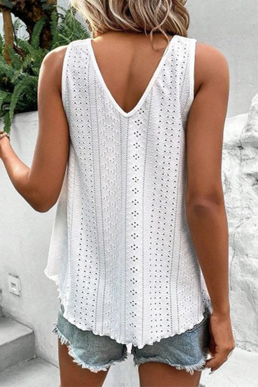 White Lace Crochet V Neck Tank Top Boho Eyelet Blouse