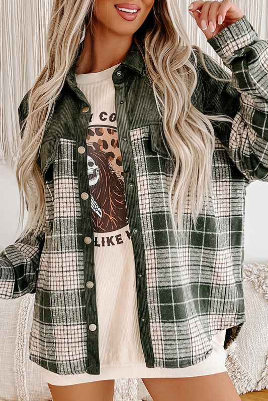 Blackish Green Snap Button Plaid Shacket with Corduroy Patchwork