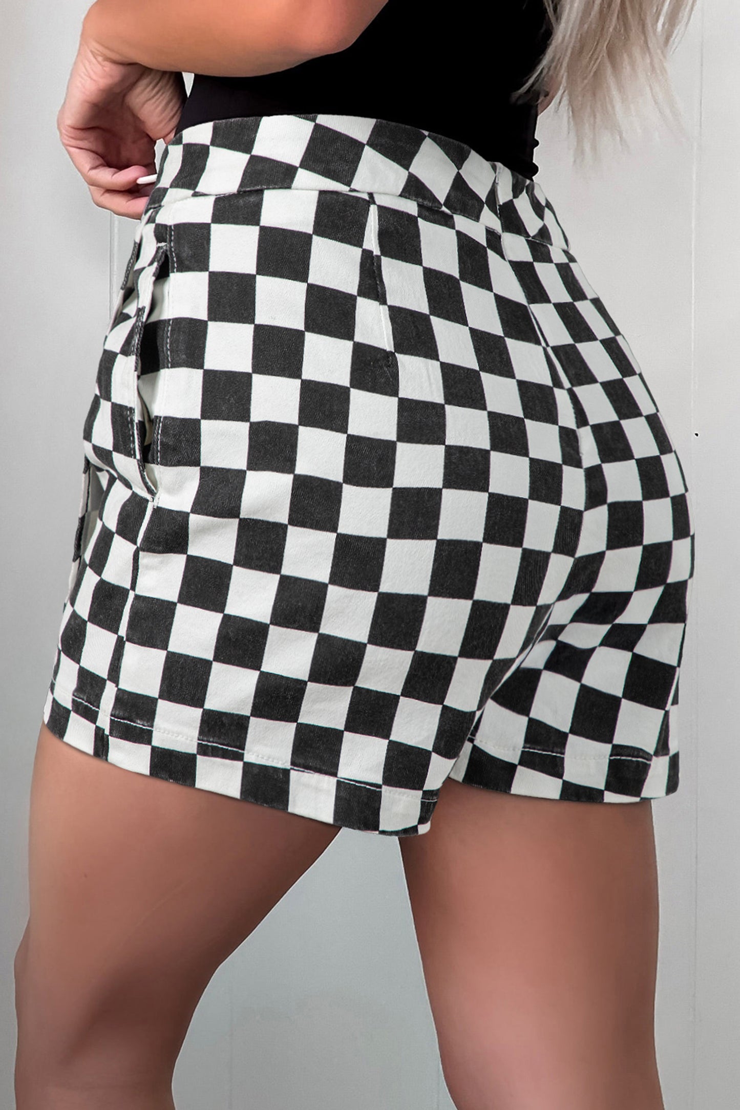 Checkered Print Overlap Denim Skort Mini Shorts