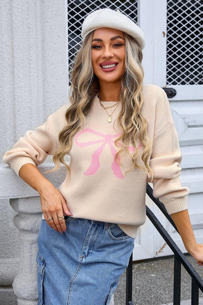 Bow Tie Knit Sweater - Trendy Pullover for Women