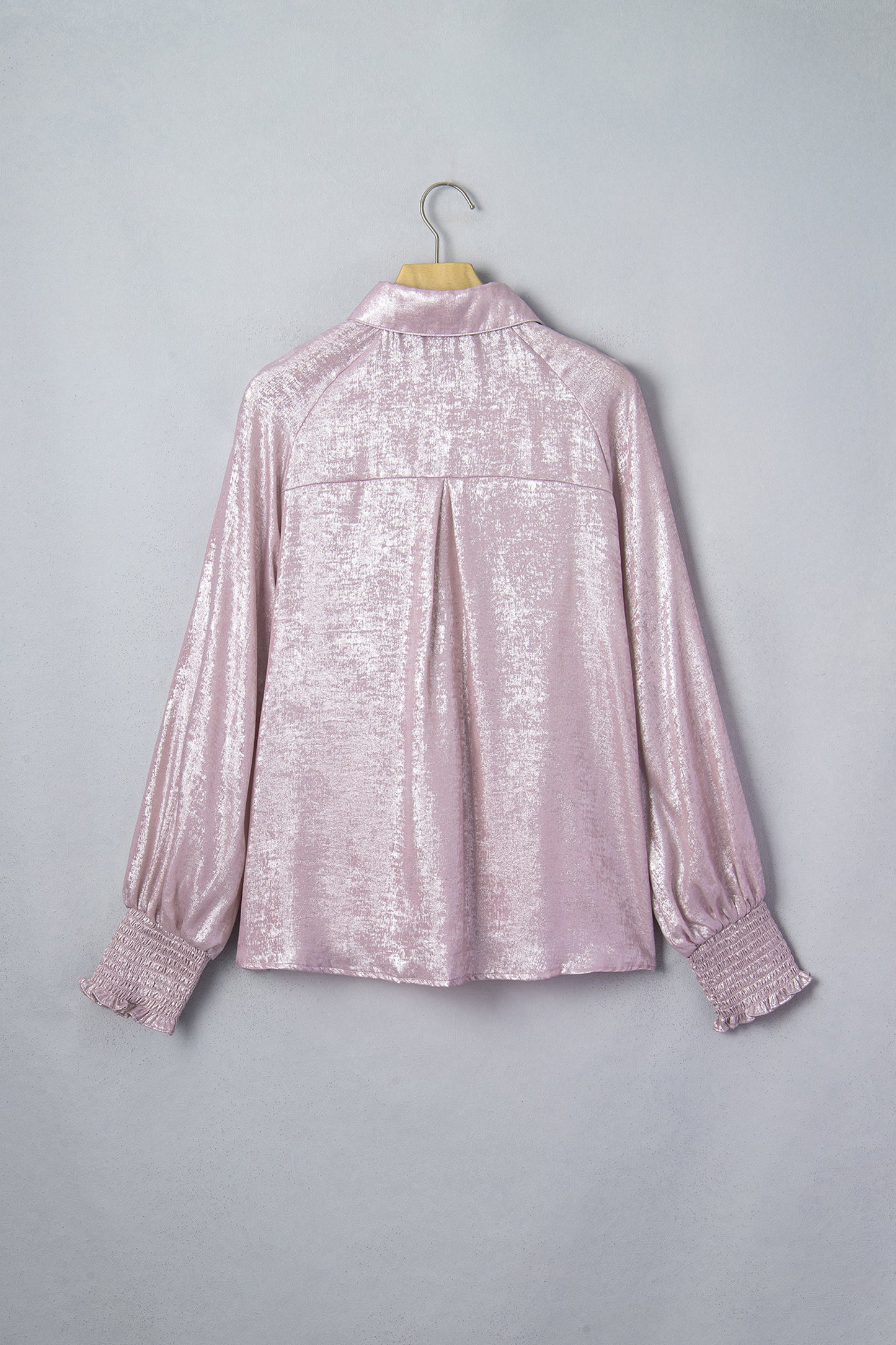 Delicacy Metallic Button Down Satin Blouse with Smocked Cuffs