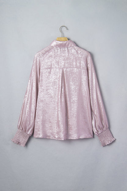 Delicacy Metallic Button Down Satin Blouse with Smocked Cuffs