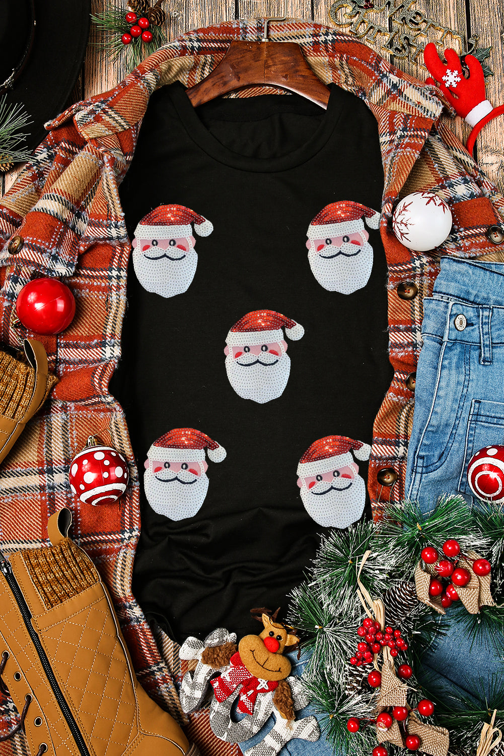 Santa Claus Graphic Christmas Faux Sequin T Shirt