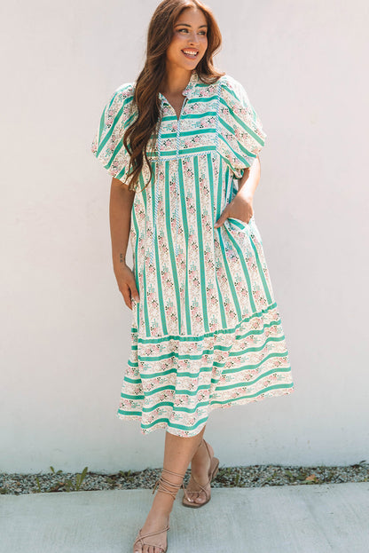 Women Striped Floral Print Puff Sleeve Midi Dress