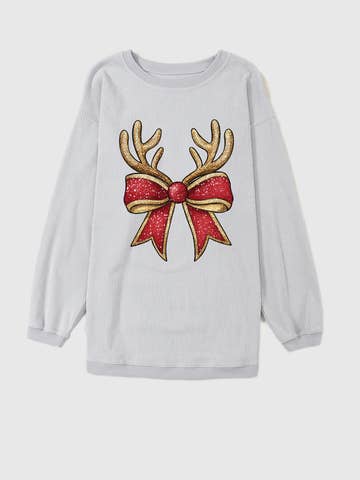 Christmas Antler Bow Graphic Corded Pullover Sweatshirt