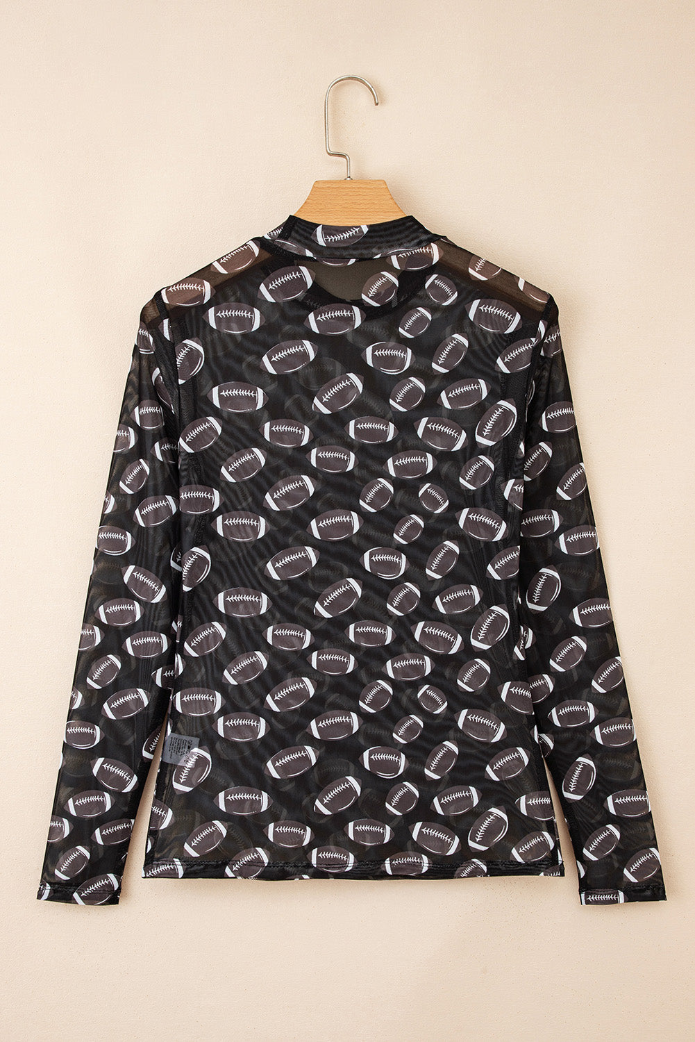 Football Print Mesh Mock Neck Game Day Long Sleeve Top