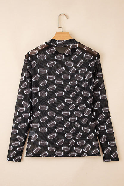 Football Print Mesh Mock Neck Game Day Long Sleeve Top