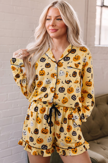 Halloween Pumpkin Print Ruffle Shorts Pajama Set