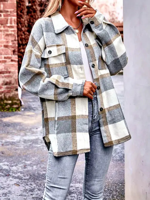 Cozy Oversized Plaid Flannel Shirt Jacket with Pocket