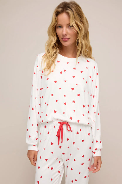 Womens Heart Print Pajama Set Long Sleeve Lounge Set