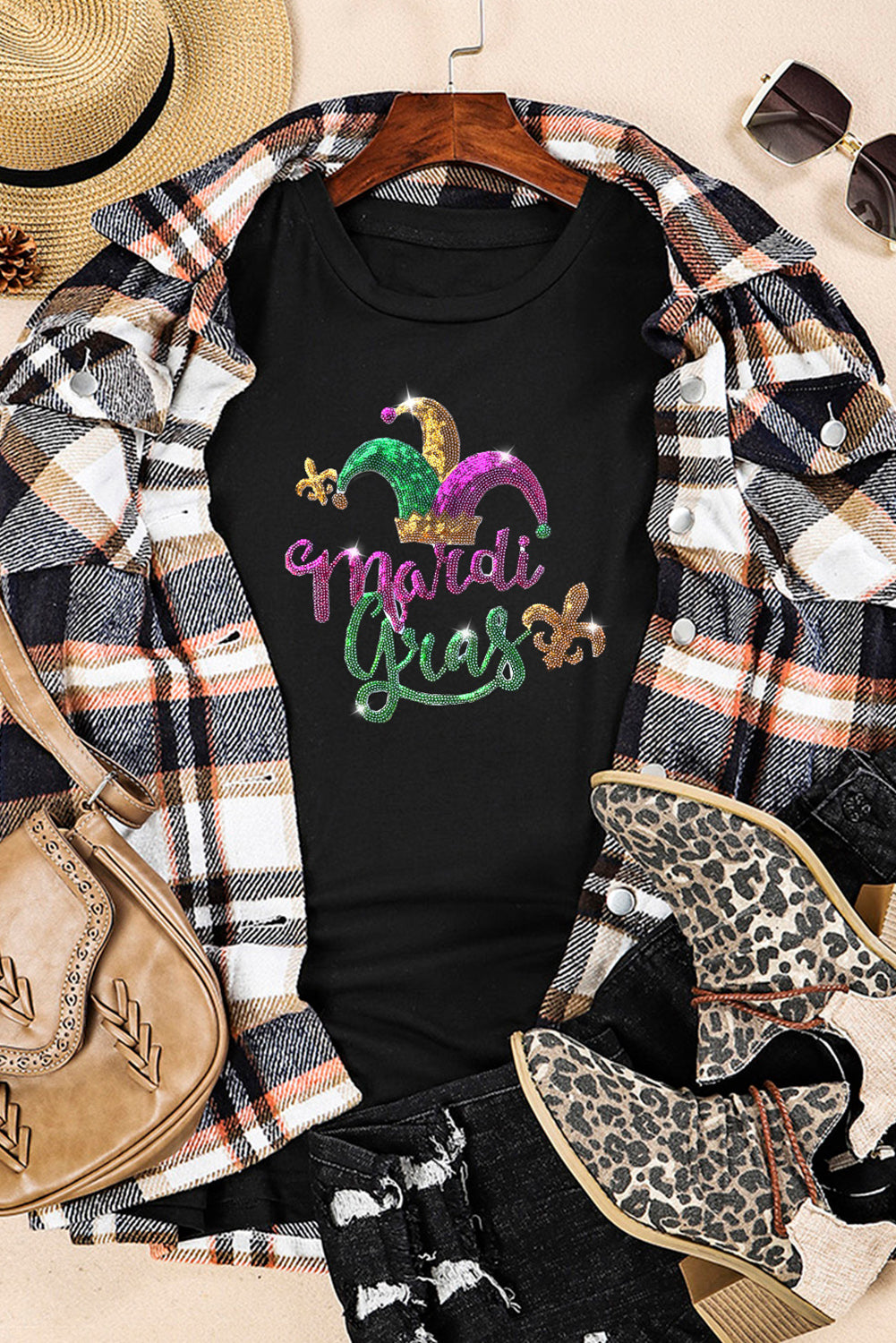 Black Glitter Mardi Gras Jester Hat Graphic Tee