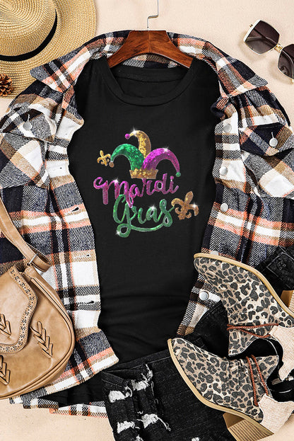Black Glitter Mardi Gras Jester Hat Graphic Tee