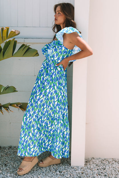 Pink Floral Square Neck Ruffle Sleeve Maxi Dress