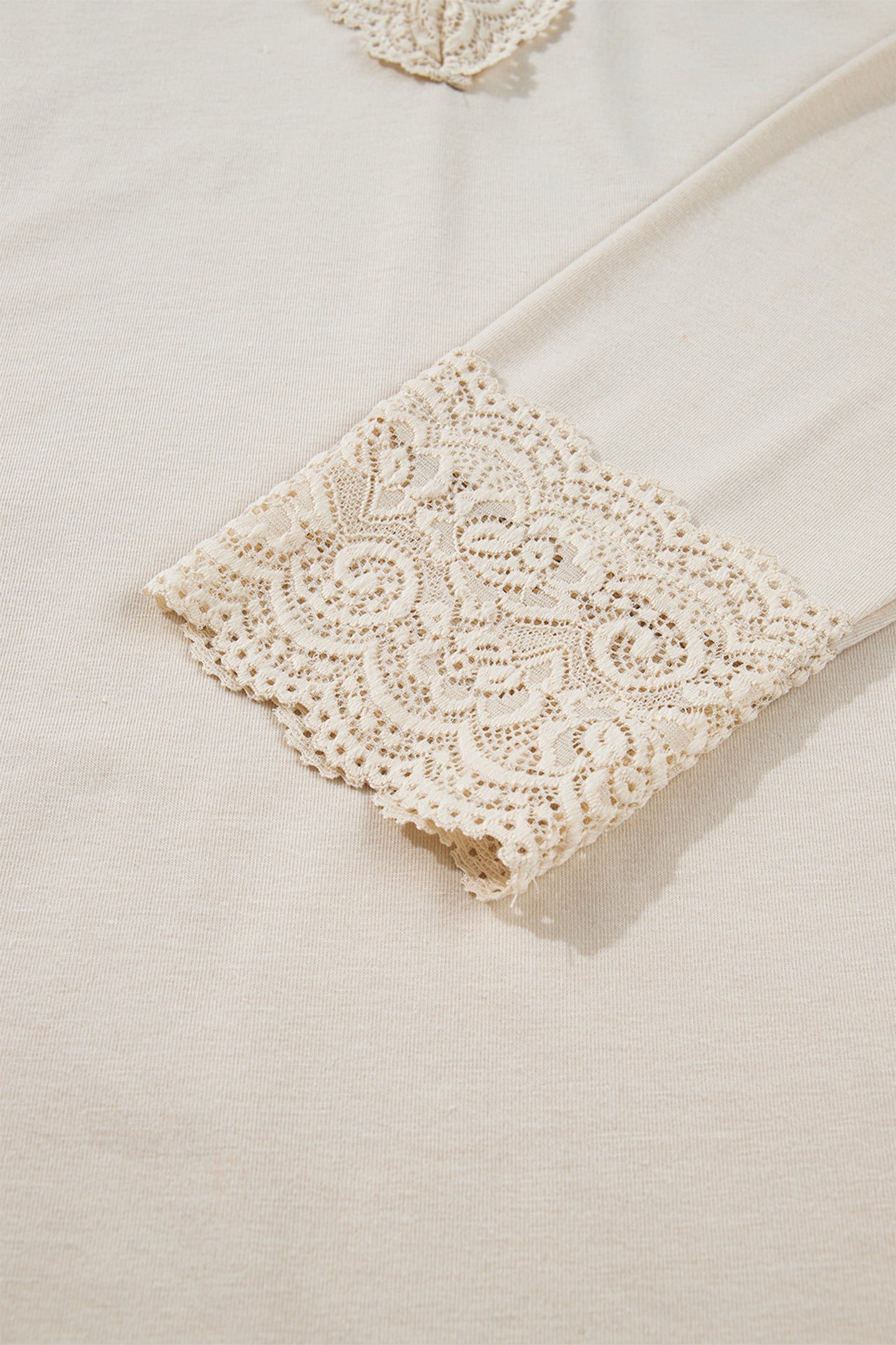 Apricot Lace V Neck Long Sleeve Lace Trim Top Blouse