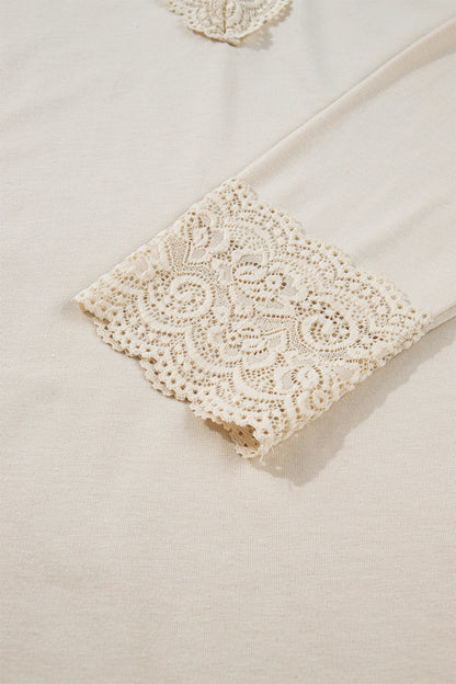 Apricot Lace V Neck Long Sleeve Lace Trim Top Blouse
