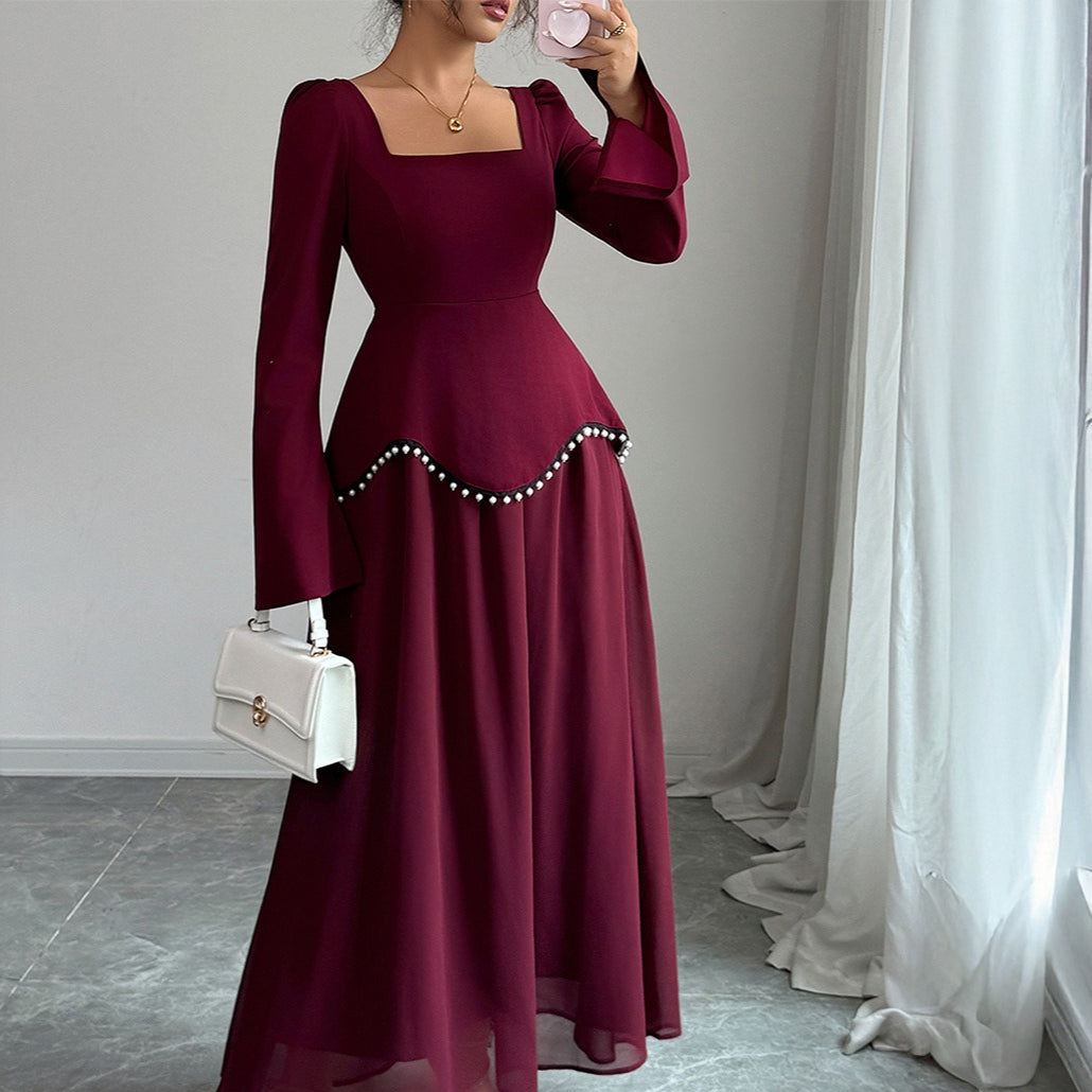 Square Neck Long Sleeve Pearl Trim A-Line Maxi Dress