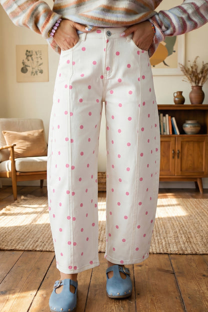 Blue Polka Dot Barrel Jeans High Waist Wide Leg Pants