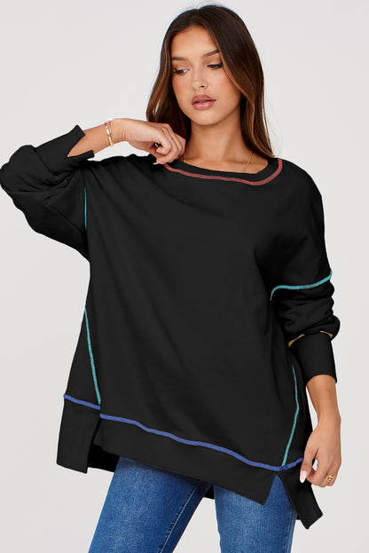 Contrast Stitching Split Baggy Sweatshirt