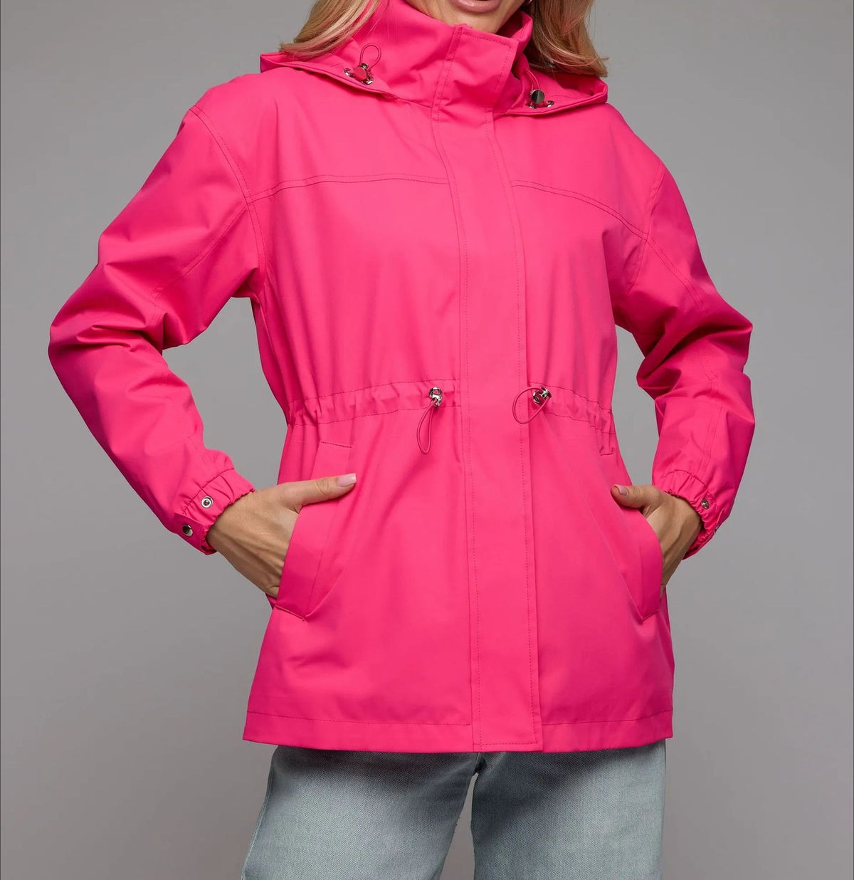 Women's Hooded Drawstring Waist Windbreaker Jacket
