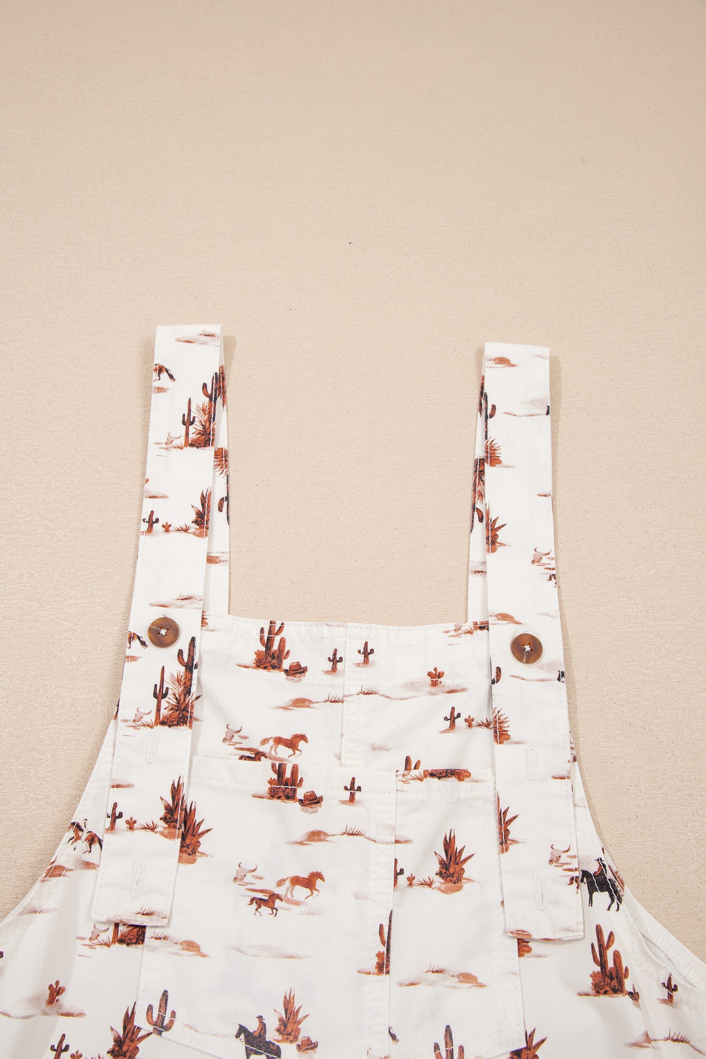 Beige Western Print Adjustable Strap Loose Cotton Jumpsuit