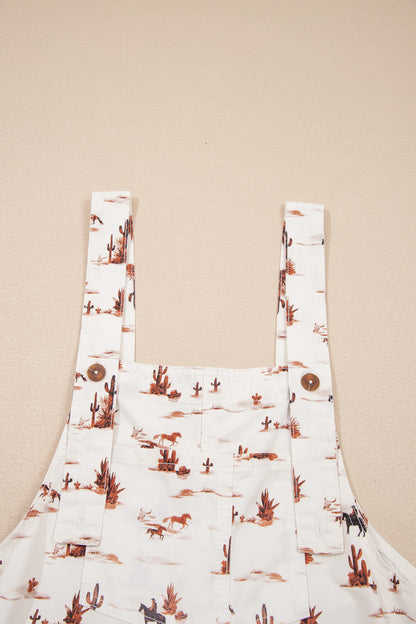 Beige Western Print Adjustable Strap Loose Cotton Jumpsuit