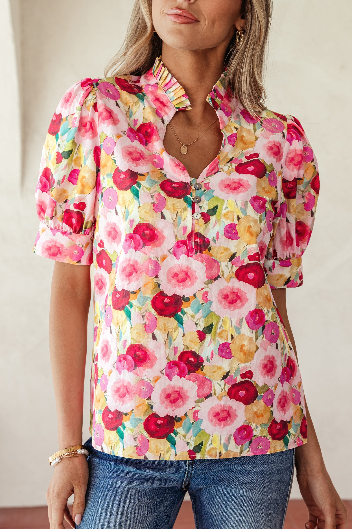 Pink Floral V Neck Puff Sleeve Blouse