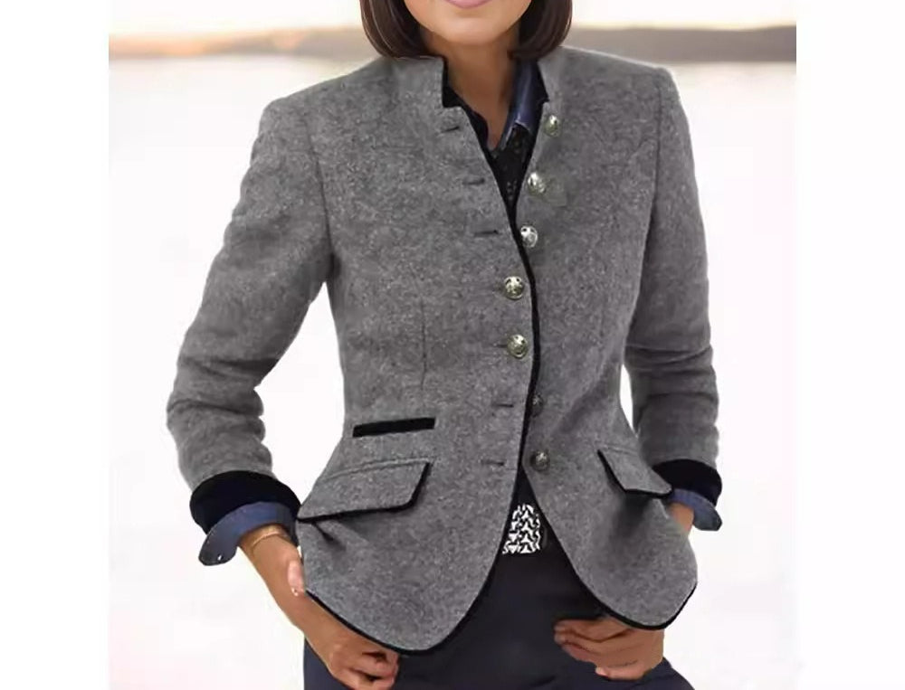 Women's Wool Blend Stand Collar Cropped Blazer Jacket