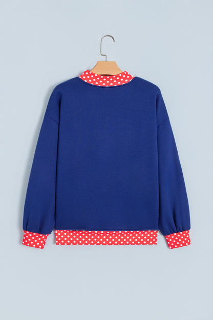 Fiery Red Polka Dot Letter Print Contrast Trim Mock Neck Sweatshirt