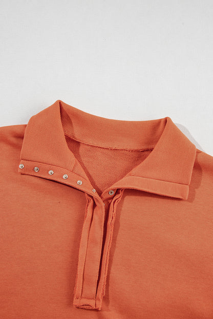 Orange Snap Collar Raw Hem High-Low Sweatshirt with Slits