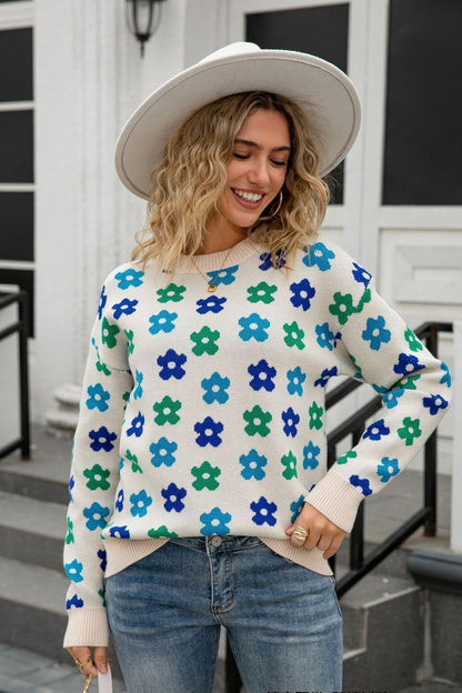 Retro Floral Print Pullover Sweater – Cozy Fall Knit