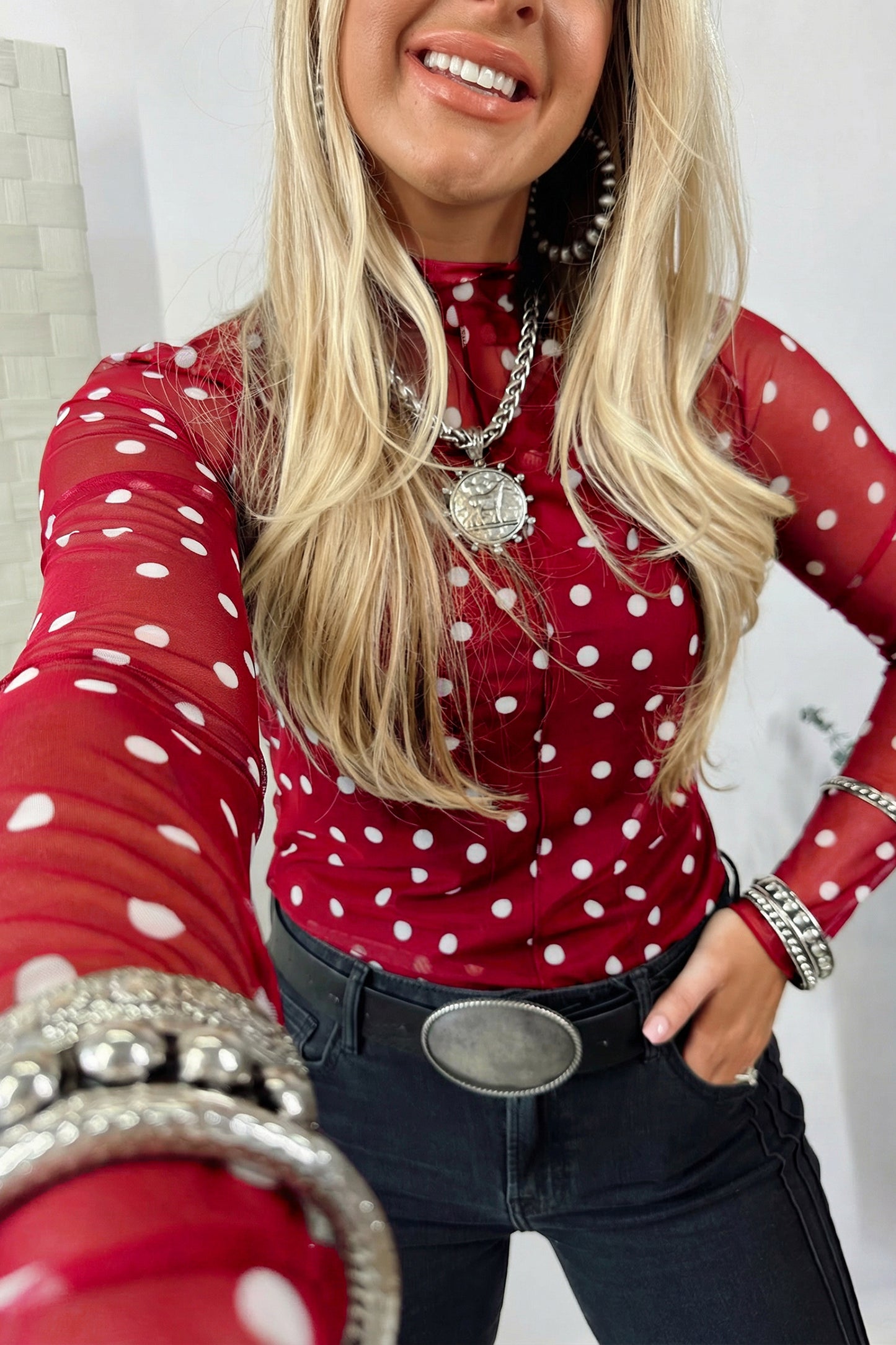 Black Polka Dot Mesh Mock Neck Long Sleeve Top