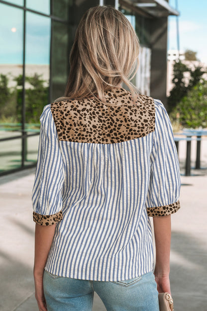 Brown Stripe V Neck Button Down Top with Leopard Trim Detail