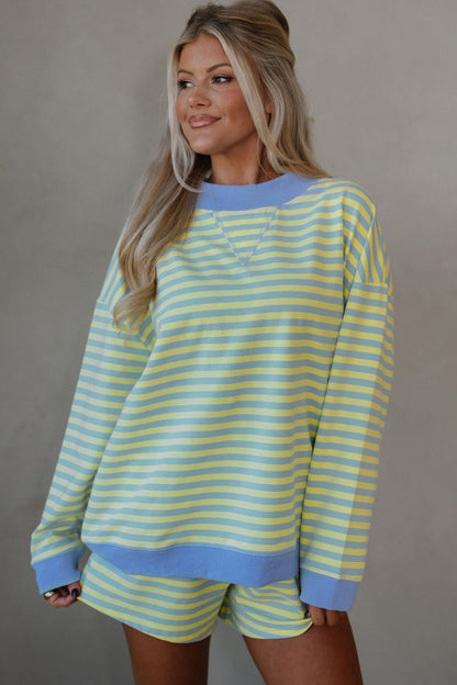 Striped Long Sleeve Pullover and Shorts Lounge Set