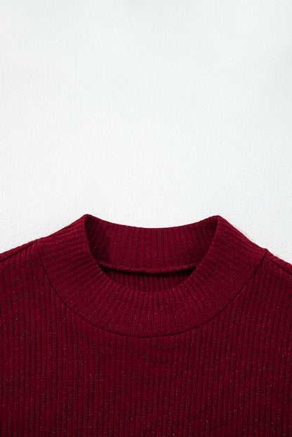 Red Metallic Ribbed Knit Long Sleeve Slim Fit Top