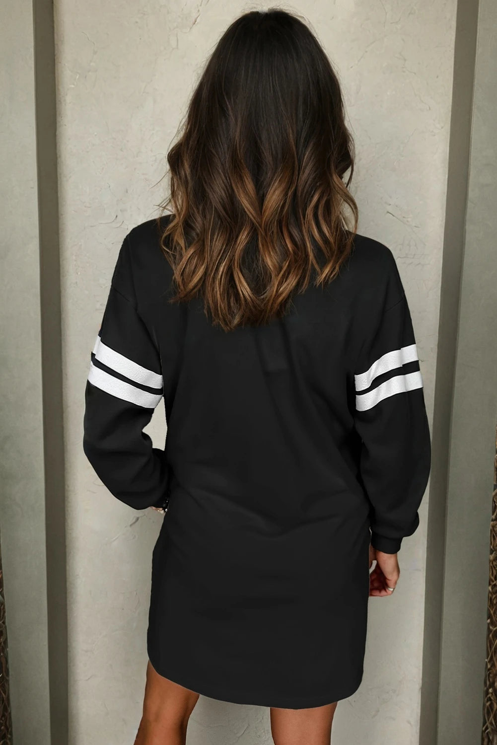 Black Colorful Sequin Christmas Tree Patched Varsity Sweatshirt Dress