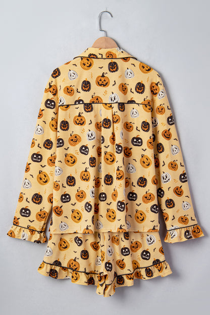Halloween Pumpkin Print Ruffle Shorts Pajama Set