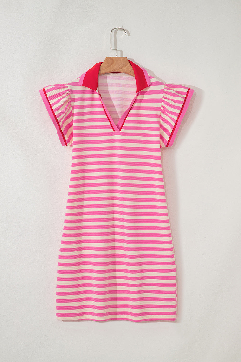 Green Stripe Contrast Collar Flutter Sleeve Mini Dress