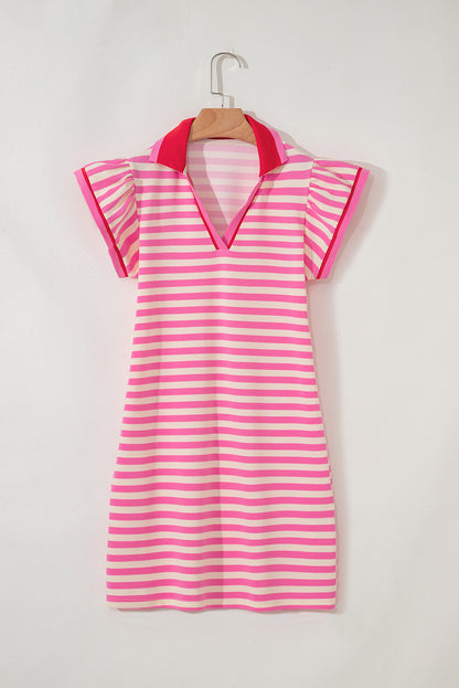 Green Stripe Contrast Collar Flutter Sleeve Mini Dress