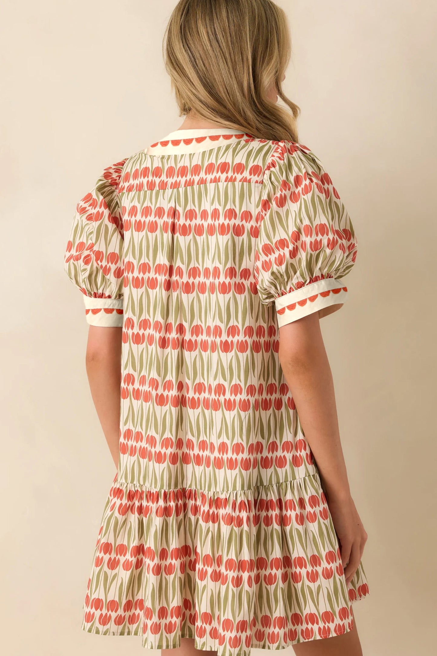 Tulip Floral Print Puff Sleeve V Neck Mini Dress