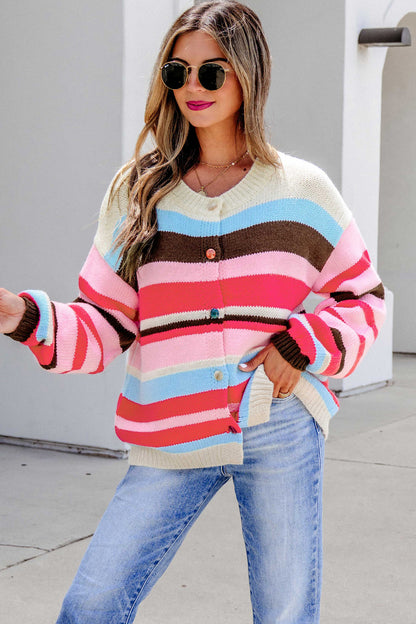 Multicolor Striped Colorblock Drop Shoulder Knit Cardigan