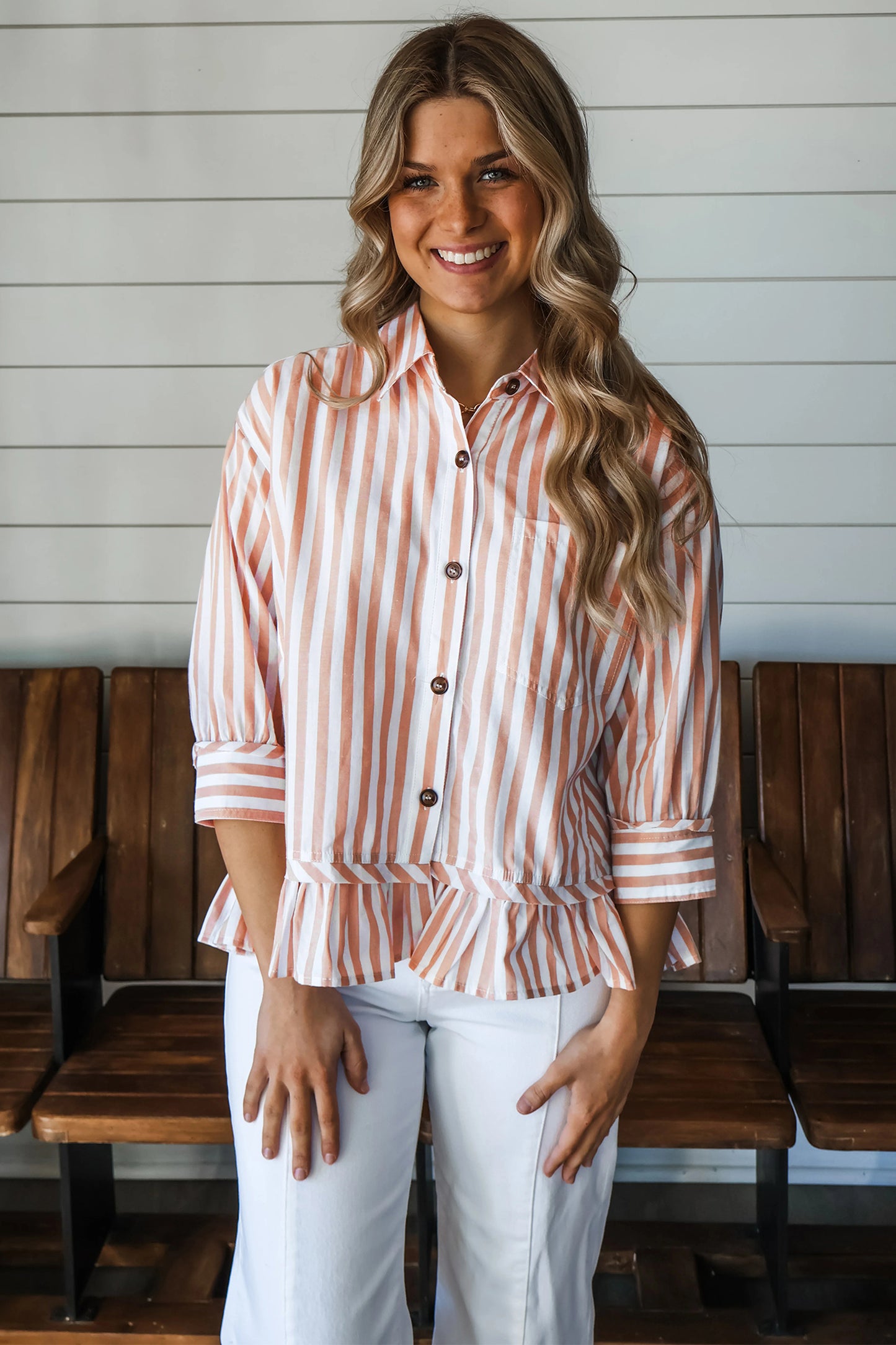 Khaki Stripe Button Front Shirt Ruffle Hem Peplum Top