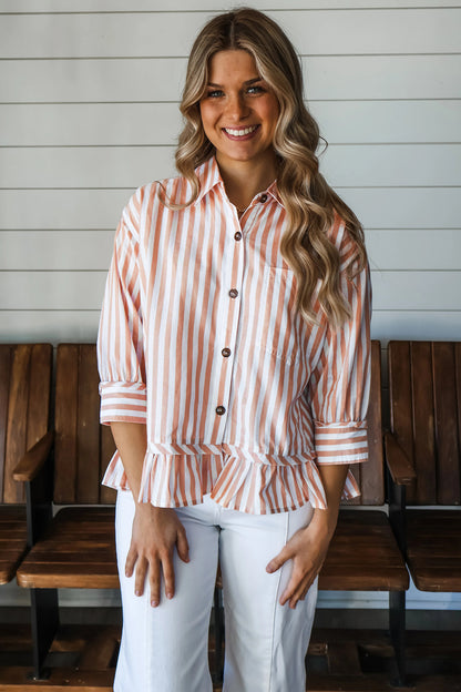 Khaki Stripe Button Front Shirt Ruffle Hem Peplum Top