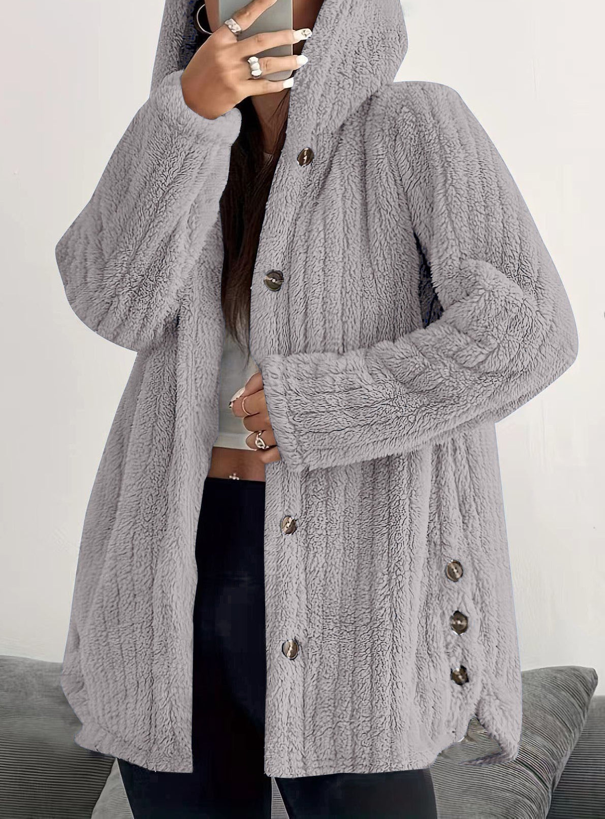 Women's Oversized Hooded Sherpa Jacket Button Front