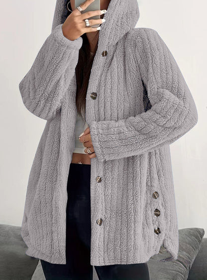 Women's Oversized Hooded Sherpa Jacket Button Front