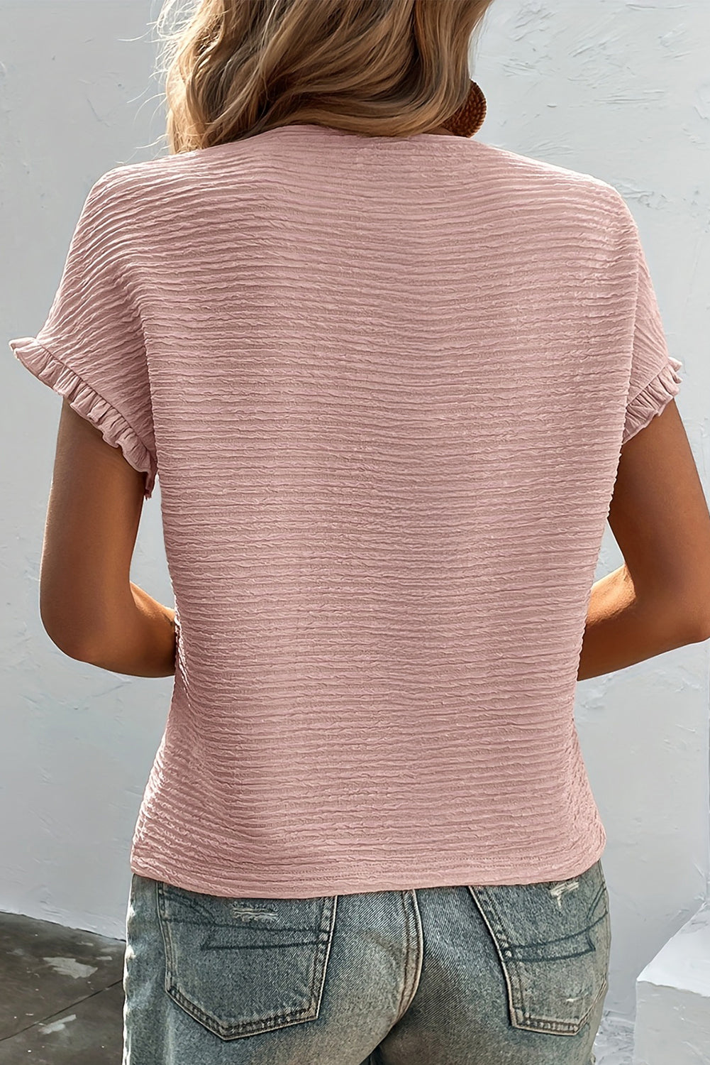 Light Pink Textured Ruffle Sleeve Crew Neck Blouse