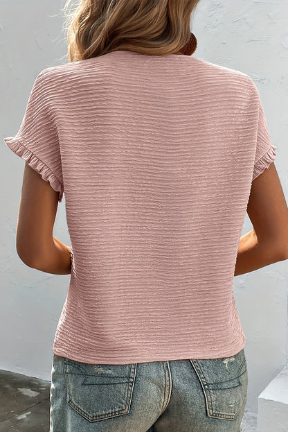 Light Pink Textured Ruffle Sleeve Crew Neck Blouse