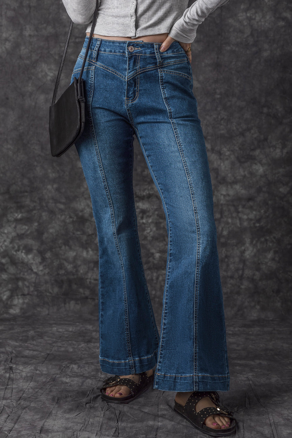 High Waist Flare Jeans with Contrast Seams & Pockets
