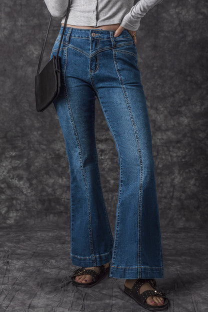 High Waist Flare Jeans with Contrast Seams & Pockets