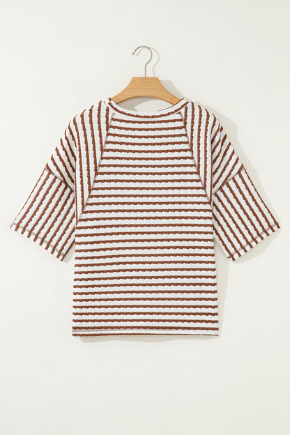 Apricot Stripe Textured Loose Fit Short Sleeve Top