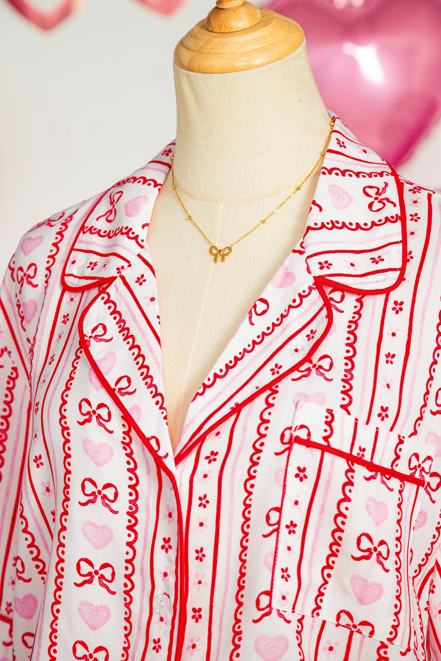 Valentines Heart Bow Print Ribbon Trim 2 Piece Pajama Set